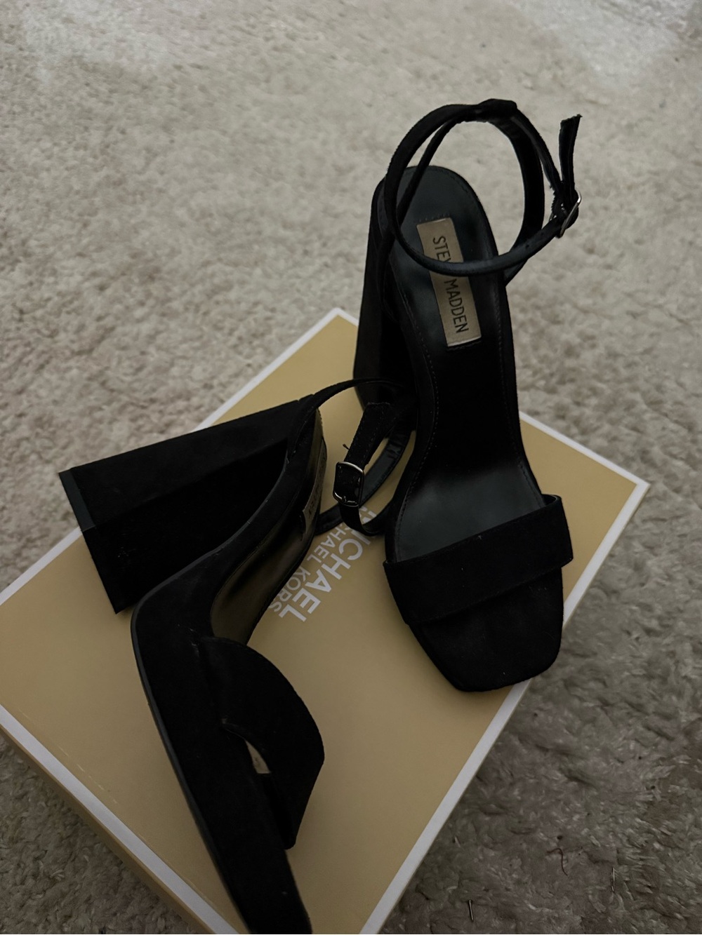 Steve Madden Black Suede Platform Block Heel Sandal with Ankle Strap - Picture 3 of 4